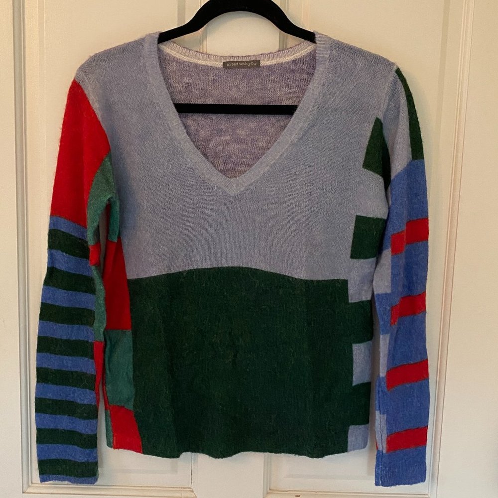 Hip Multicolor V-Neck Sweater By Luxury Italian Designer Sz XS
